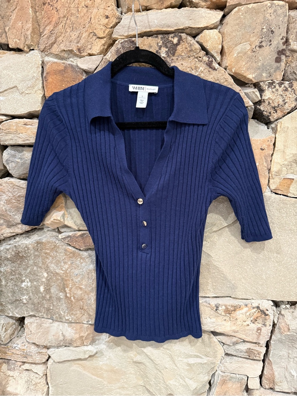 White House Black Market Navy Ribbed Short-Sleeve Polo Top